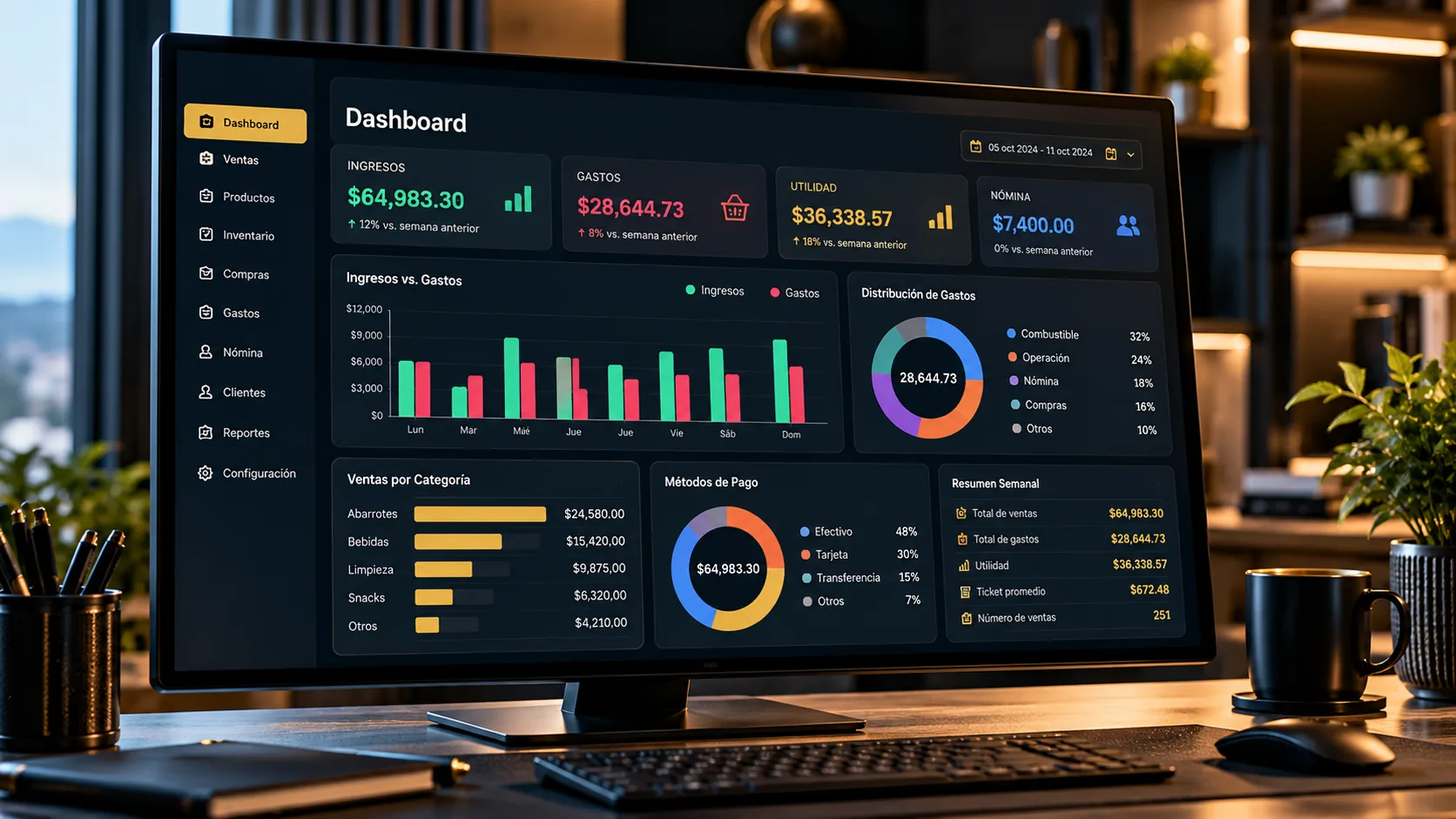 Panel administrativo con gráficas de ingresos, gastos y resultados de un negocio