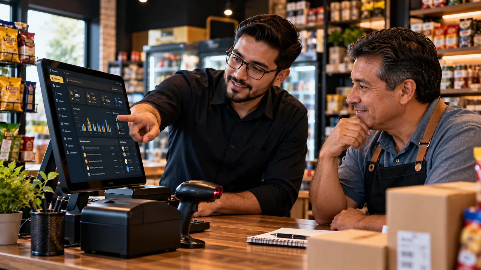 Asesor de tecnología explicando una solución digital en pantalla a un comerciante dentro de su tienda