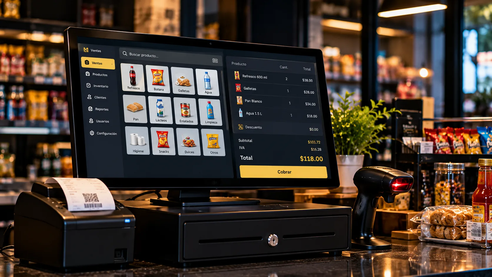Terminal de punto de venta en el mostrador de una tienda, con lector de códigos e impresora de tickets